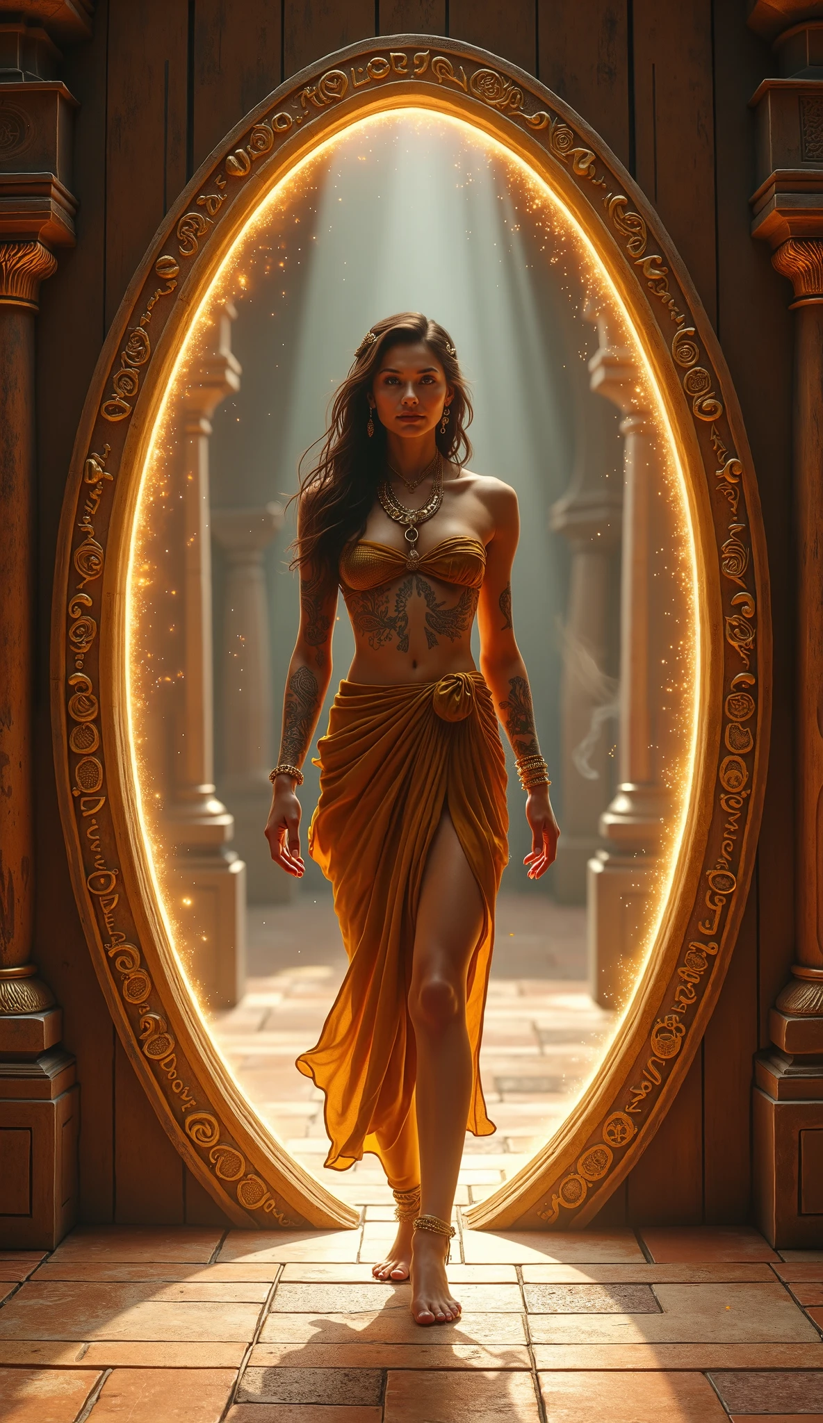 
(8K, Ultra realistic, Masterpiece) A radiant goddess with flowing bronze garments and sacred tattoos steps through an ancient, oval-shaped mirror embedded in a wooden temple wall. Her presence is ethereal, divine, and magnetic. The mirror glows softly at its edges, casting mystical light across the floor tiles. She exudes calm confidence as she transitions from the unknown realm into the human world.
The goddess is barefoot, her skin adorned with intricate tattoos of celestial maps and sacred geometry. Her bronze-gold draped skirt flows as she walks, revealing one leg. Her hair is styled with ancient hairpieces, and she wears delicate layered jewelry—armbands, necklaces, and anklets of gold and obsidian. Her expression is serene, otherworldly, with deep, knowing eyes.
The background is a sacred wooden chamber with vertical planks and an aged, tiled floor. The mirror is surrounded by baroque carvings, symbols of forgotten languages, and gold inlays. Subtle incense smoke coils in the air, adding depth and mysticism.
Faint sparks of light shimmer around the mirror's edge, soft glows illuminate her tattoos, and tiny ethereal orbs float in the background. The mirror pulses faintly, hinting at a world beyond.
Use a cinematic frontal shot at eye level. Soft focus around the edges to center attention on the goddess. Ambient lighting from the mirror portal and from below creates divine glow. Balance symmetry between the goddess and the oval frame.