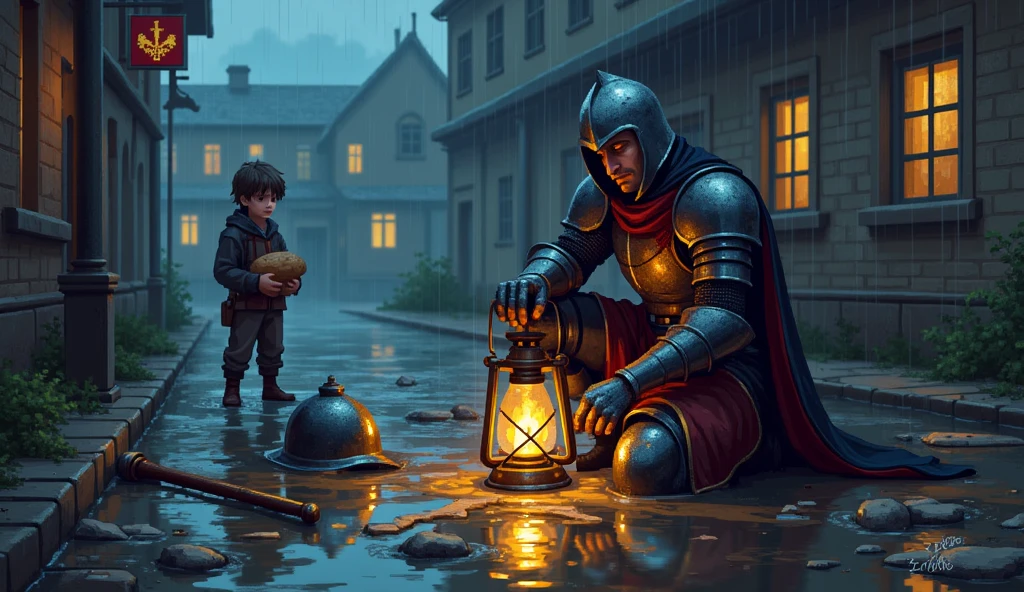 Main Subject: A disgraced knight in tarnished armor kneels in the rain, cupping a dying lantern against the storm. The flame reflects in the visor of his discarded helmet nearby.
Additional Characters: A street urchin watches from an alley, clutching a stolen loaf of bread to their ?????.
Setting: The flooded courtyard of an abandoned orphanage, its sign creaking in the wind.
Lighting & Atmosphere: The lantern's guttering light makes the raindrops look like falling silver. The knight's breath comes in ragged clouds.
Additional Elements: A 's wooden sword floats in the murky water. The knight's tabard bears hastily removed heraldry.
Art Style: Rain-soaked pixel art with dynamic water reflections.