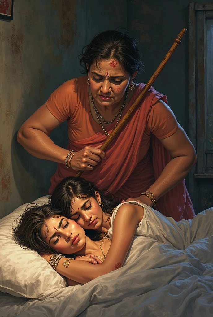 Meera’s Final Moments: Capture the heartbreaking moment when Meera passes away in Lila’s arms. The scene is set in a small, simple bedroom, with Lila holding Meera close, tears streaming down her face, surrounded by an overwhelming sense of loss.