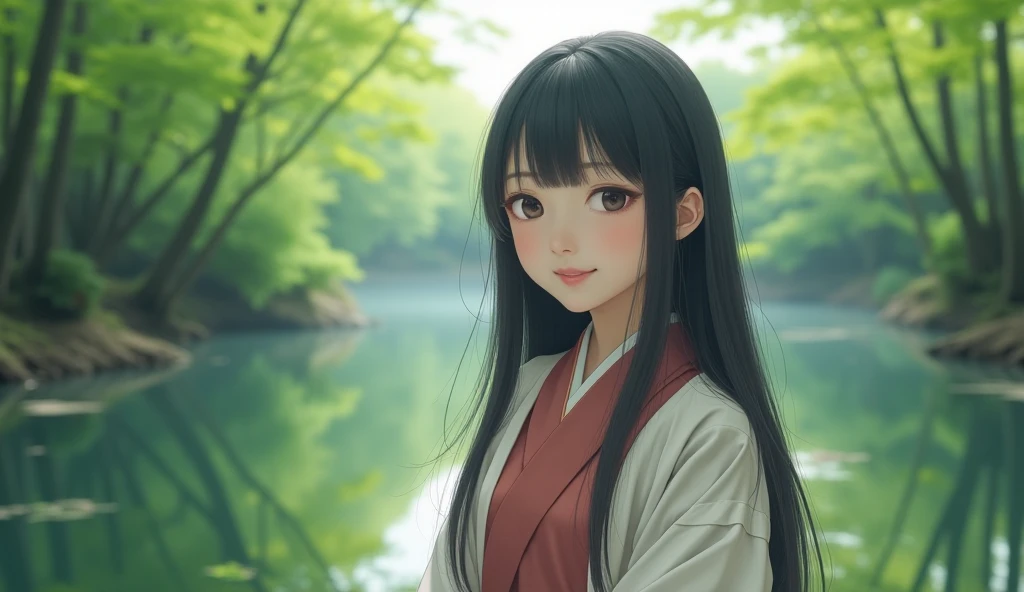 A REAL Oriental Japanese girl with 18 years old with lush beyond floor length black hair and see her "whole" thin body wearing thick lambswool traditional Wafuku standing next to a lake inside the forest, must see her whole body. The scenario of forest shows spring view. This graph MUST see girl's "whole thin body", including  expression like smile, black eye, nose, hands, legs, wearing thick lambswool traditional Wafuku, chest, buttock, with lush beyond floor length black hair, legs and shoes and whole bodies. REAL girl must has "body, legs, foot, "LUSH BEYOND FLOOR length hair and face with humanity smile and body" with streamline. Show her front side with happy smile and lush beyond floor length black hair. Beauty !