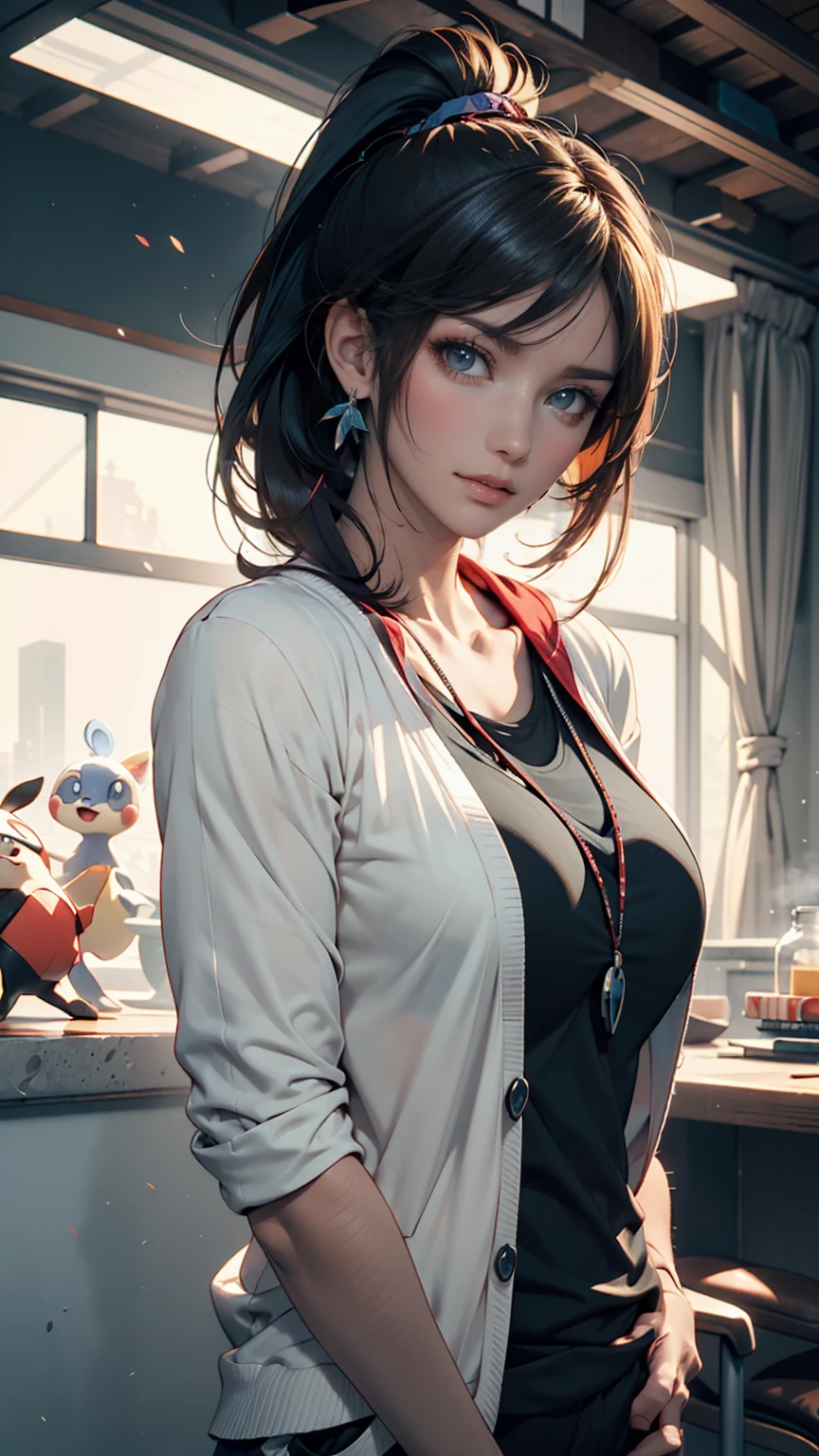 1 girl, solo, masterpiece, Highest_quality, photo shoot, look at the camera, young adult ガーデボワール, tired expression, Pokemon, Pokemon (Game), Game freak, Nintendo, (Porcelain Skin), blue eyes, (black hair), (tousled hair in a ponytail), black cardigan, loose t-shirt, black sweatpants, gen 3 Pokemon, Pokemon (creature with no nose), white skin, concrete background, leaning on 