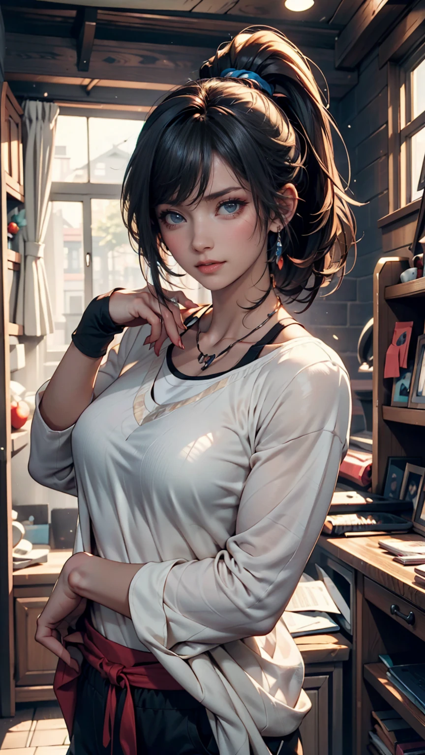 1 girl, solo, masterpiece, Highest_quality, photo shoot, look at the camera, young adult ガーデボワール, tired expression, Pokemon, Pokemon (Game), Game freak, Nintendo, (Porcelain Skin), blue eyes, (black hair), (tousled hair in a ponytail), black cardigan, loose t-shirt, black sweatpants, gen 3 Pokemon, Pokemon (creature with no nose), white skin, concrete background, leaning on 
