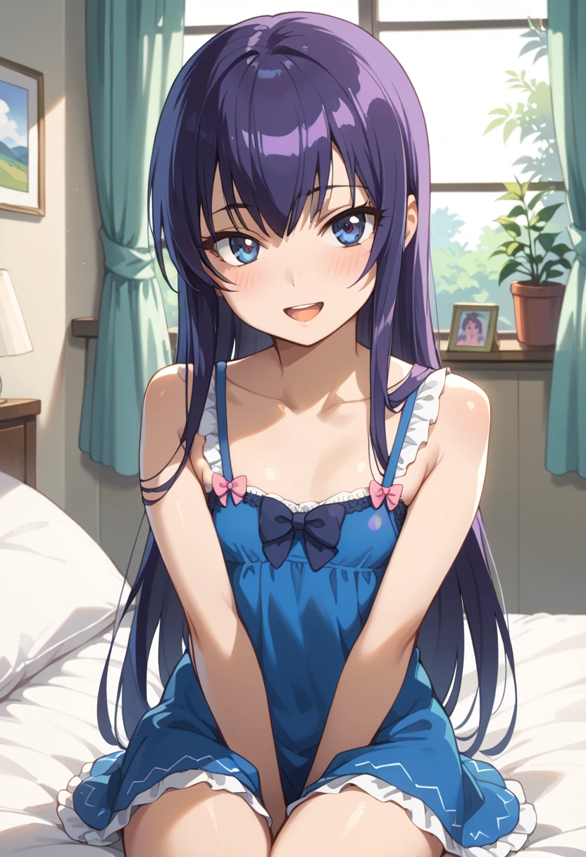 ((top quality)), ((masterpiece)), (be familiar with), perfect face, indoor, bedroom, watching viewers,
One woman, Saeko Tokushima,
open mouth, ecstatic expression, blush, smile,
small , flat chest, Young girl, lori, ren, girl,
long hair, long hair,
opening,