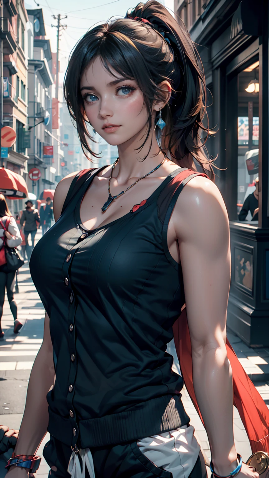 1 girl, solo, masterpiece, Highest_quality, photo shoot, look at the camera, young adult ガーデボワール, tired expression, Pokemon, Pokemon (Game), Game freak, Nintendo, (Porcelain Skin), blue eyes, (black hair), (tousled hair in a ponytail), black cardigan, loose t-shirt, black sweatpants, gen 3 Pokemon, Pokemon (creature with no nose), white skin, concrete background, leaning on 