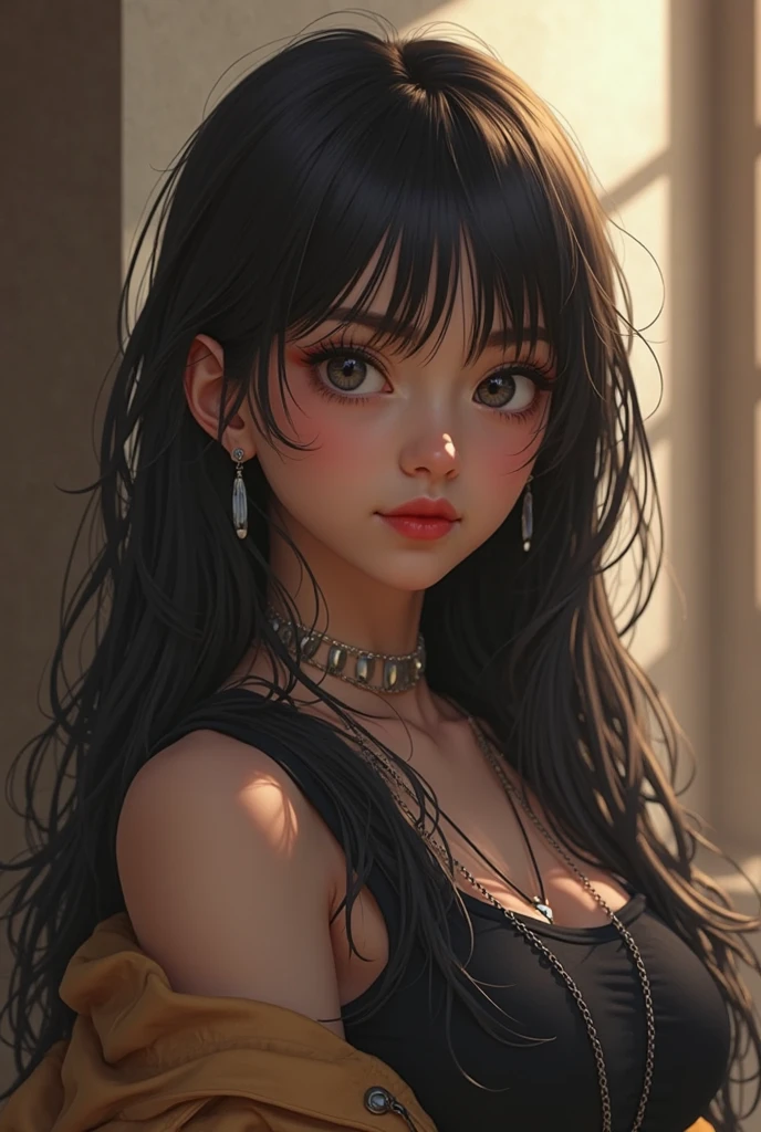 1girl,smirk,curly hair,in the dark,deep shadow seios decote