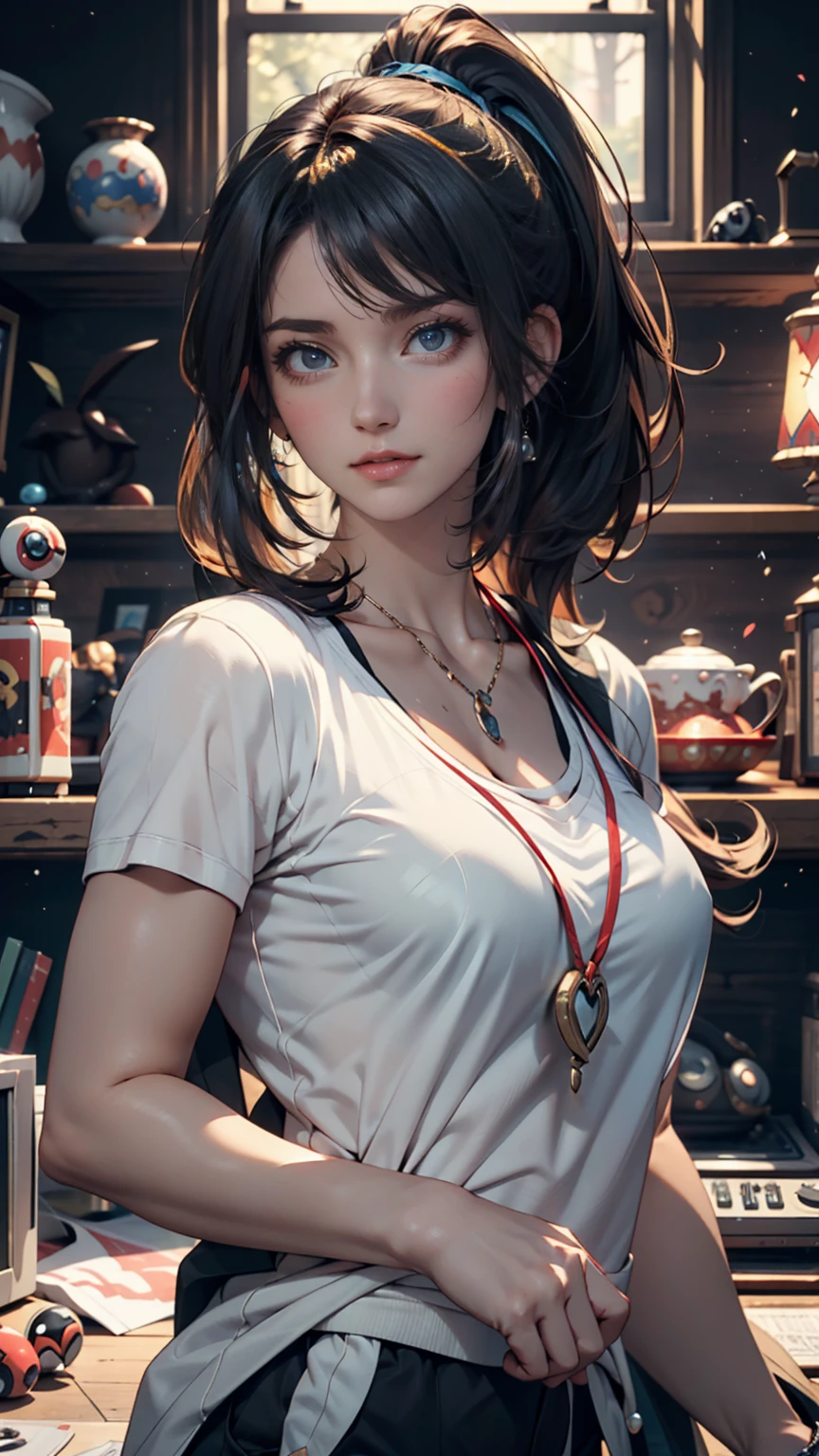 1 girl, solo, masterpiece, Highest_quality, photo shoot, look at the camera, young adult ガーデボワール, tired expression, Pokemon, Pokemon (Game), Game freak, Nintendo, (Porcelain Skin), blue eyes, (black hair), (tousled hair in a ponytail), black cardigan, loose t-shirt, black sweatpants, gen 3 Pokemon, Pokemon (creature with no nose), white skin, concrete background, leaning on 