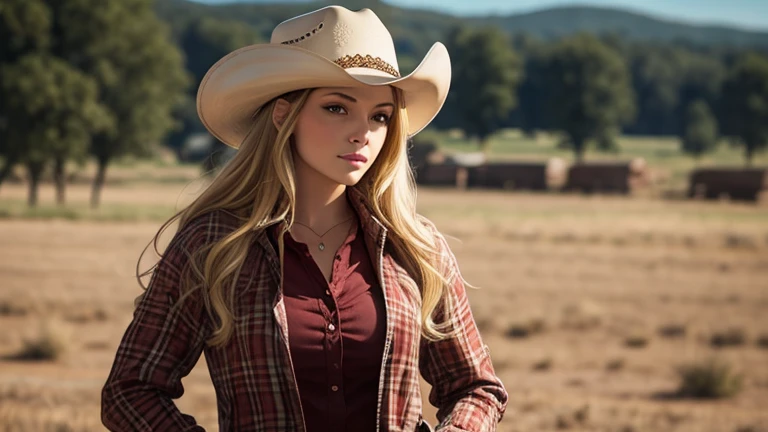 araffe woman in a cowboy hat standing in a field with a horse, 🐎🍑, cowgirl, cow-girl, western cowgirl, in the countryside, female cowgirl, blonde goddess, on a farm, beautiful blonde girl, a gorgeous blonde, white bra, wearing cowboy hat, better known as amouranth, wearing a cowboy hat, in a field