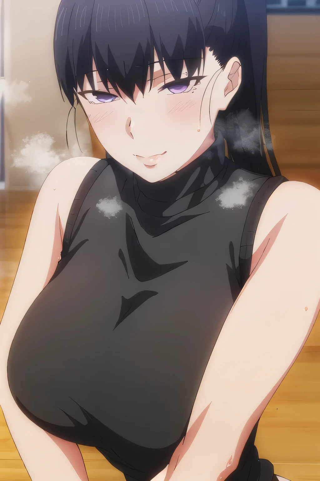 1girl, bangs, bare shoulders, black hair, black sweater, blunt bangs, bra, closed mouth, depth of field, hime cut, huge breasts, lips, long hair, looking at viewer, mole under mouth, akiryo-mai, purple eyes, ribbed sweater, see-through, sleeveless, sleeveless sweater, solo, sweater, turtleneck, turtleneck sweater, underwear, upper body,smile,(masterpiece:1.4),(best quality:1.4),(shiny skin),steaming body