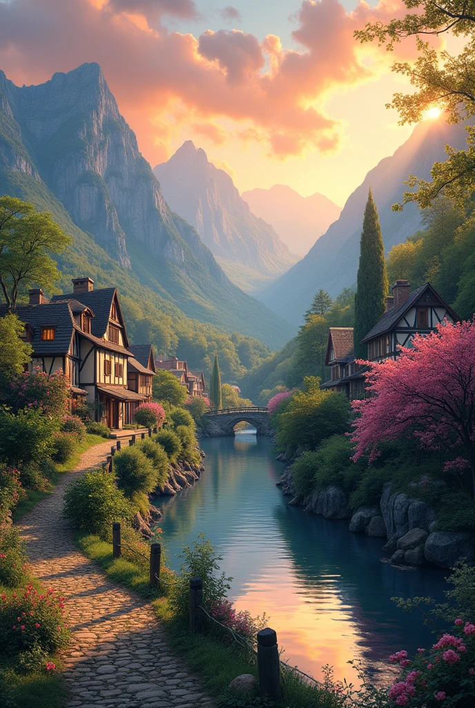 a small village by the river, mountains in the background, floral flowers colorful, detailed landscape, Beautiful natural landscapes, atmospheric lighting, scorching sunset, warm colours, practical, photopractical, Detailed Foliage, complex buildings, cobblestone street, Charming country house, swirly vibrant colors, lush vegetation, Still water reflections, Picturesque, idyllic, work of art, best qualityer, 8k, extremely detaild,anime styling