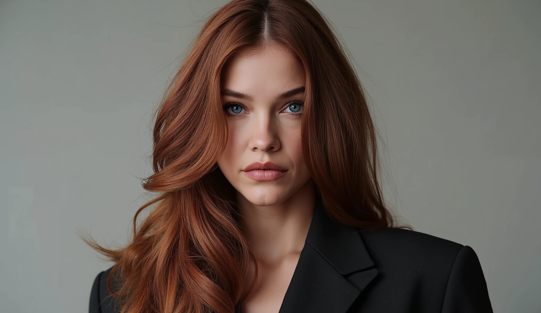 Journalist pose, meio corpo, intense red hair