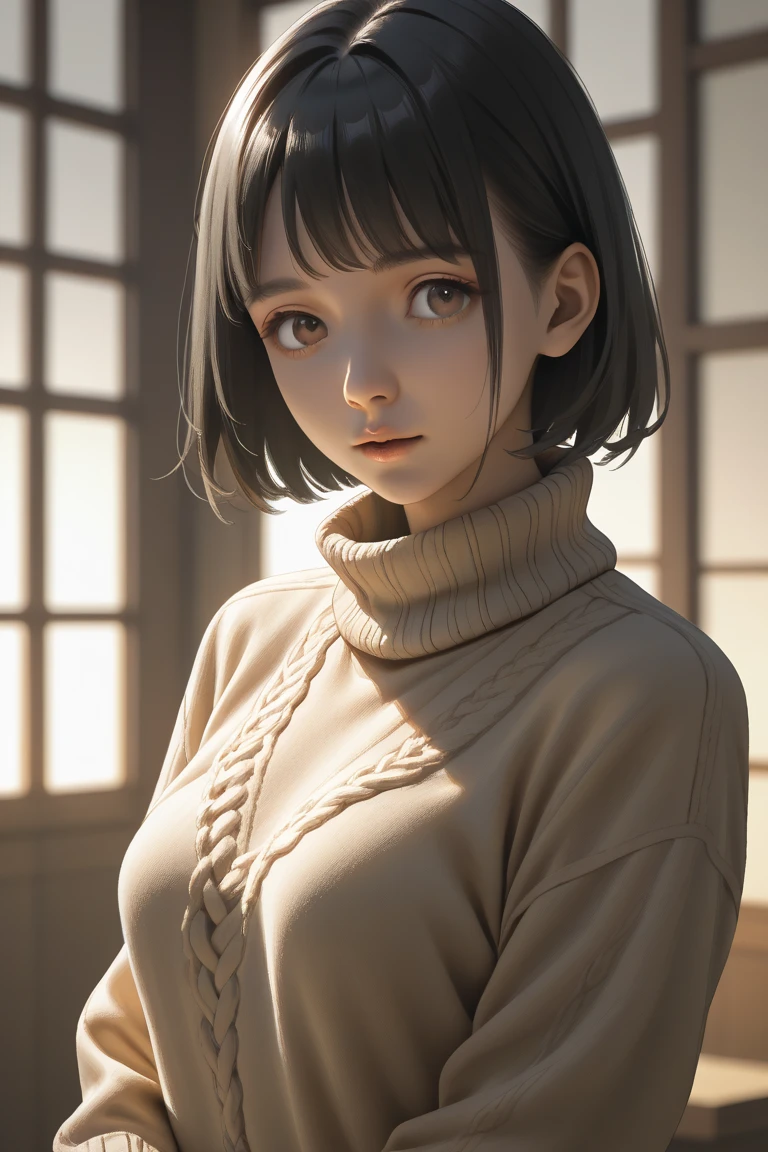 girl, cream turtleneck sweater, short black hair, japanese, detailed portrait, beautiful young asian woman, focused expression, soft skin, delicate facial features, serene, natural lighting, muted color palette, cinematic, digital painting, 8k, anime style art, studio lighting, sharp focus, vibrant colors, warm tones, cute, 5ft height