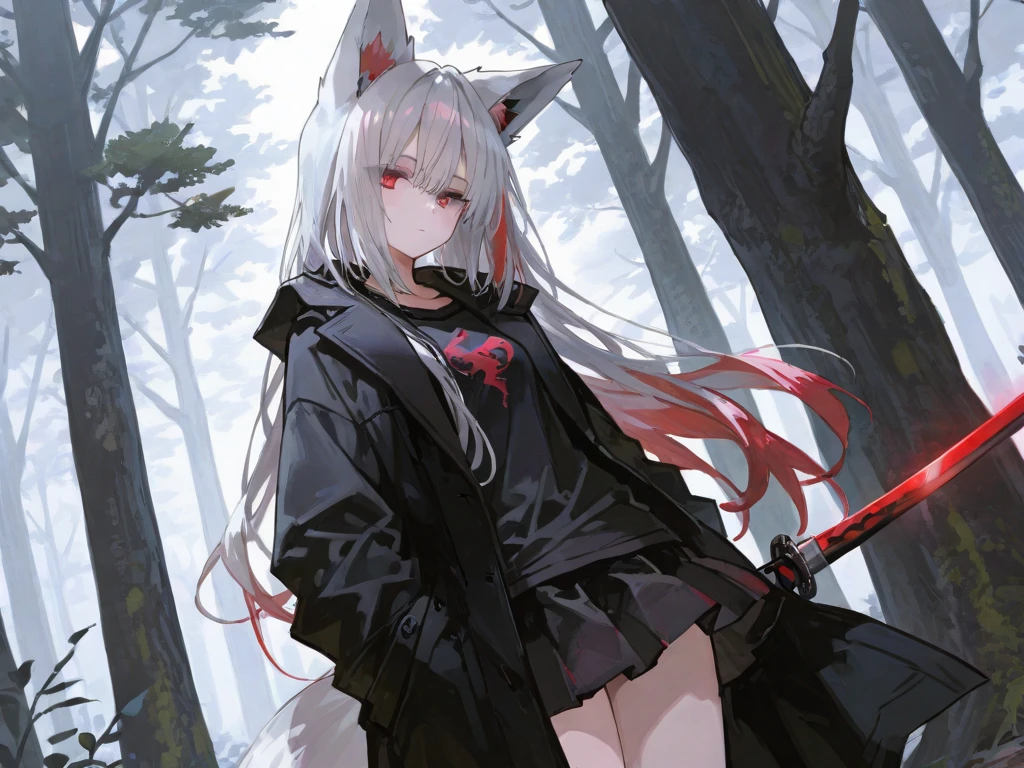 Young girl(mini dress)(wind lifts her dress)(white slip)(rabbit ears), in the forest(gloomy), wolf sneaks up from behind (red eyes),