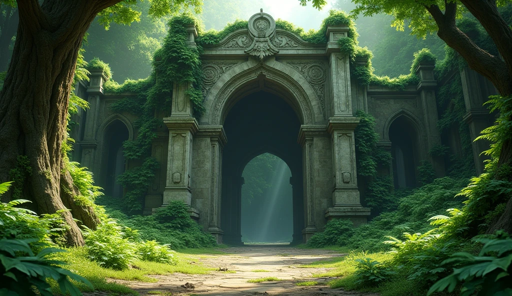 a giant stone gate hide covered in moss. 3D pixar syle