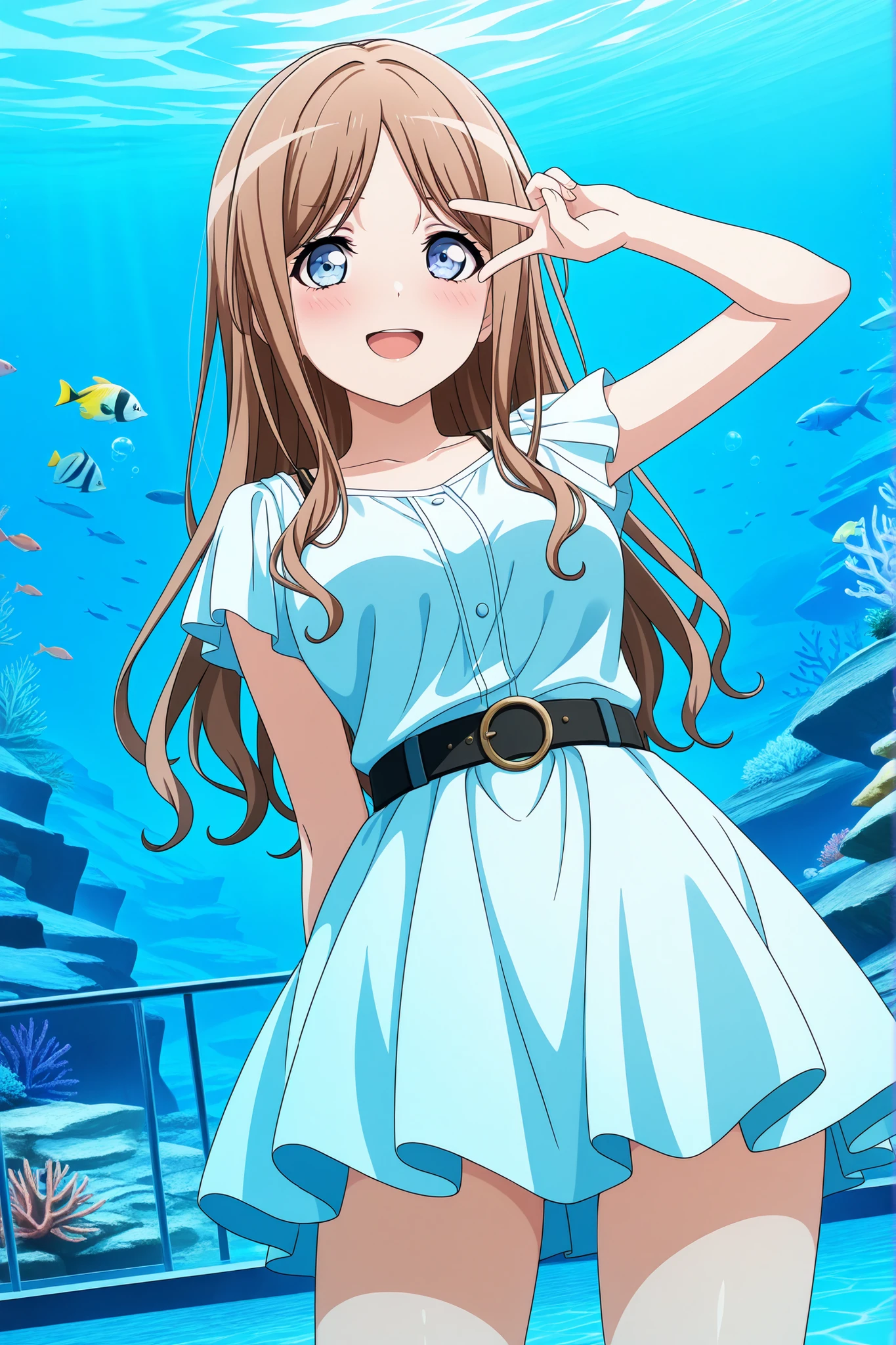 score_9, score_8_up, score_7_up, best quality, masterpiece, source_anime, anime coloring, anime screencap, official art 3d, BanG Dream! It's MyGO!!!!! official art 3d, Detailed eyes, Perfect eyes, good eyes, shiny color, Head is all visible, From top to thigh, From the front,
BREAK
1girl, Nagasaki soyo, blue eyes, long hair, smile, Parted bangs, open mouth, Embarrassed,
BanG Dream! It's MyGO!!!!!, best quality, amazing quality, very aesthetic, v, v over eyes,, aquarium, water, fish, tanks, blue, cowboy shot,