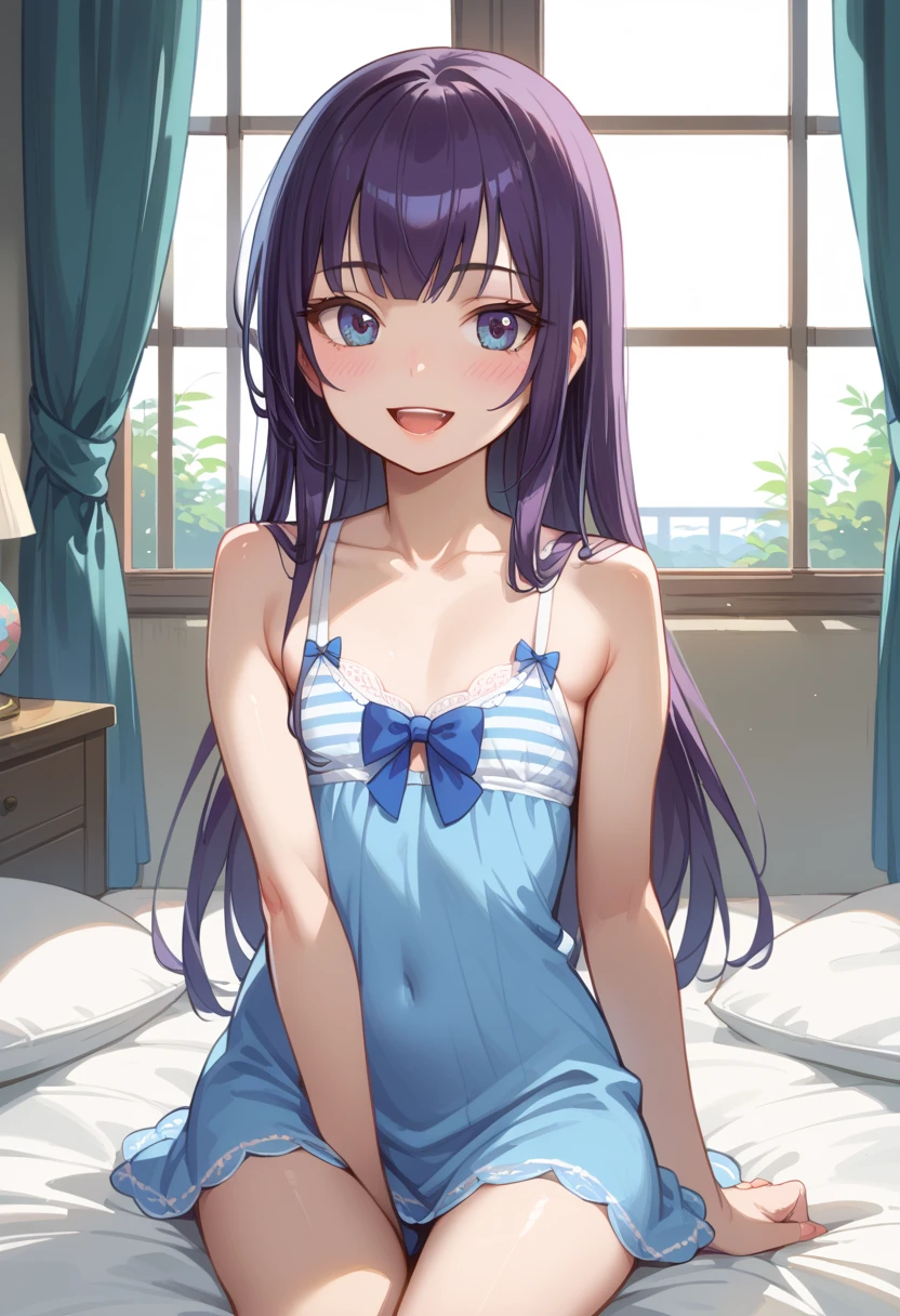 ((top quality)), ((masterpiece)), (be familiar with), perfect face, indoor, bedroom, watching viewers,
One woman, Saeko Tokushima,
open mouth, ecstatic expression, blush, smile,
small , flat chest, Young girl, lori, ren, girl,
long hair, long hair,
opening,