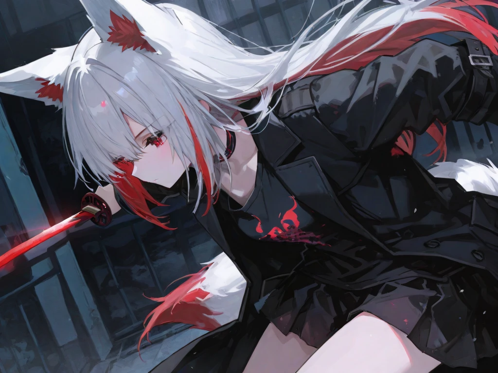 White hair, long hair, red eyes, cat ears, one girl, expression of suffering, girl tied up with a rope, BDSM, hanging
