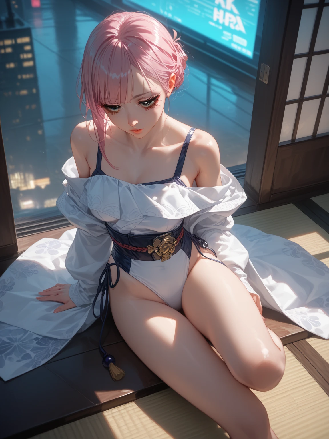 8k, masterpiece, best quality, realistic, higly detailed, cowboy shot, 1girl, solo, Ichika Nakano, very short hair that has a single long strand on the right side, white-pink hair, a single earring, dark blue eyes, average height, well-endowed figure, large breasts, cute, Chinese Dress