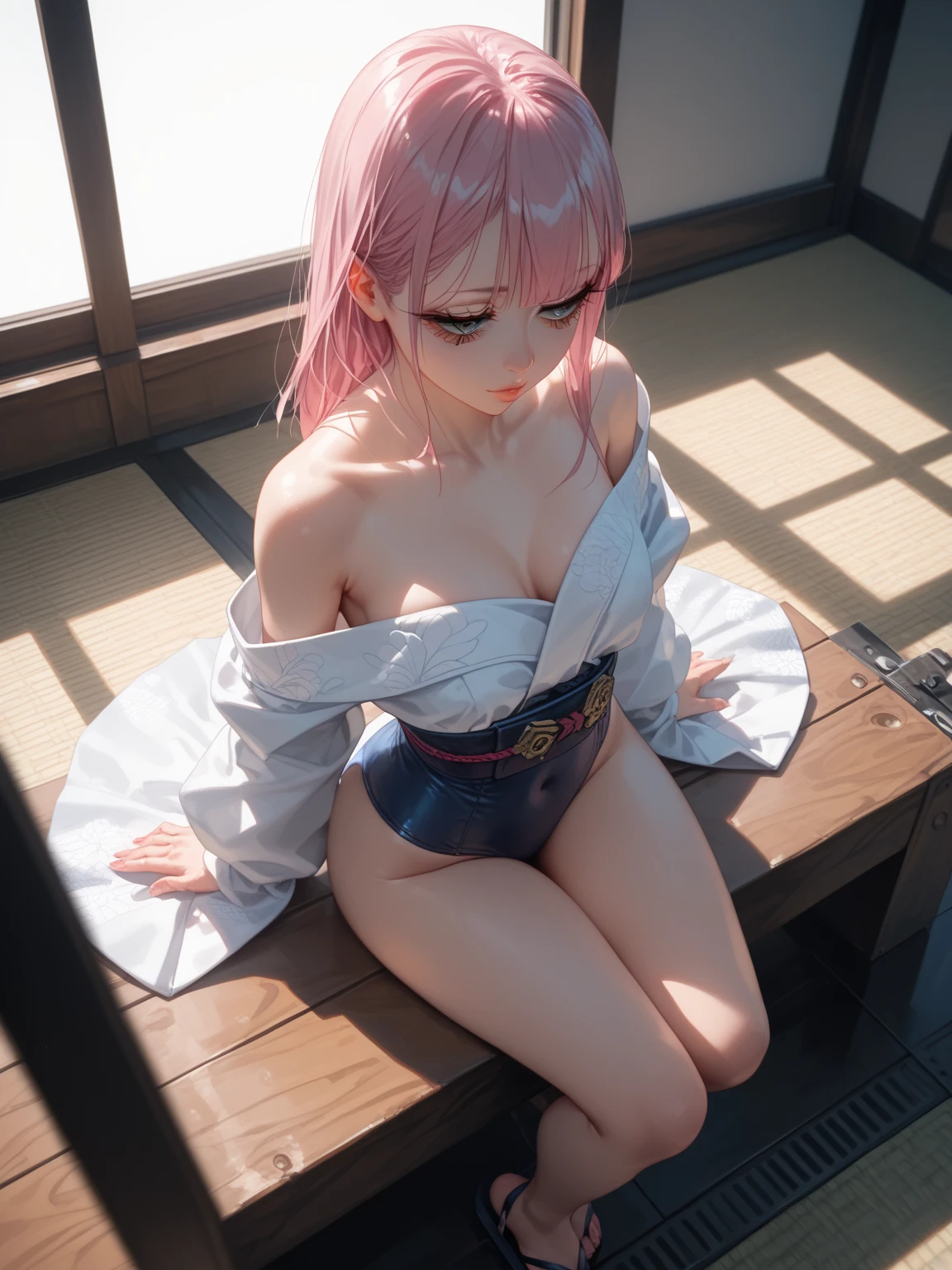 NSFW, 4k, Perfect Anatomy, The exact number of fingers, Exact number of legs, Exact number of arms, masterpiece, highest quality, high quality, best quality, high detail, super detail, very detailed, detailed light, best shadow, textured skin, nice hands, perfect hands, (Realistic), blush, embarrassed, joy, happiness, ((drooling, orgasm, love juice)), (trembling:1.6), ((tongue out)), ((1girl, solo, inui shinju lj, pink hair, long hair, slender, gigantic breasts)), ((looking at viewer)), ((restrained)), (tied, pink rope, shibari, tied up with pink rope:1.5), thighs, puffy nipples, belly button, (in stocks pose), (arms behind back:1.6), (spread legs:1.5), ((sitting on the toilet bowl, toilet)), (pee, peeing, piss:1.5)