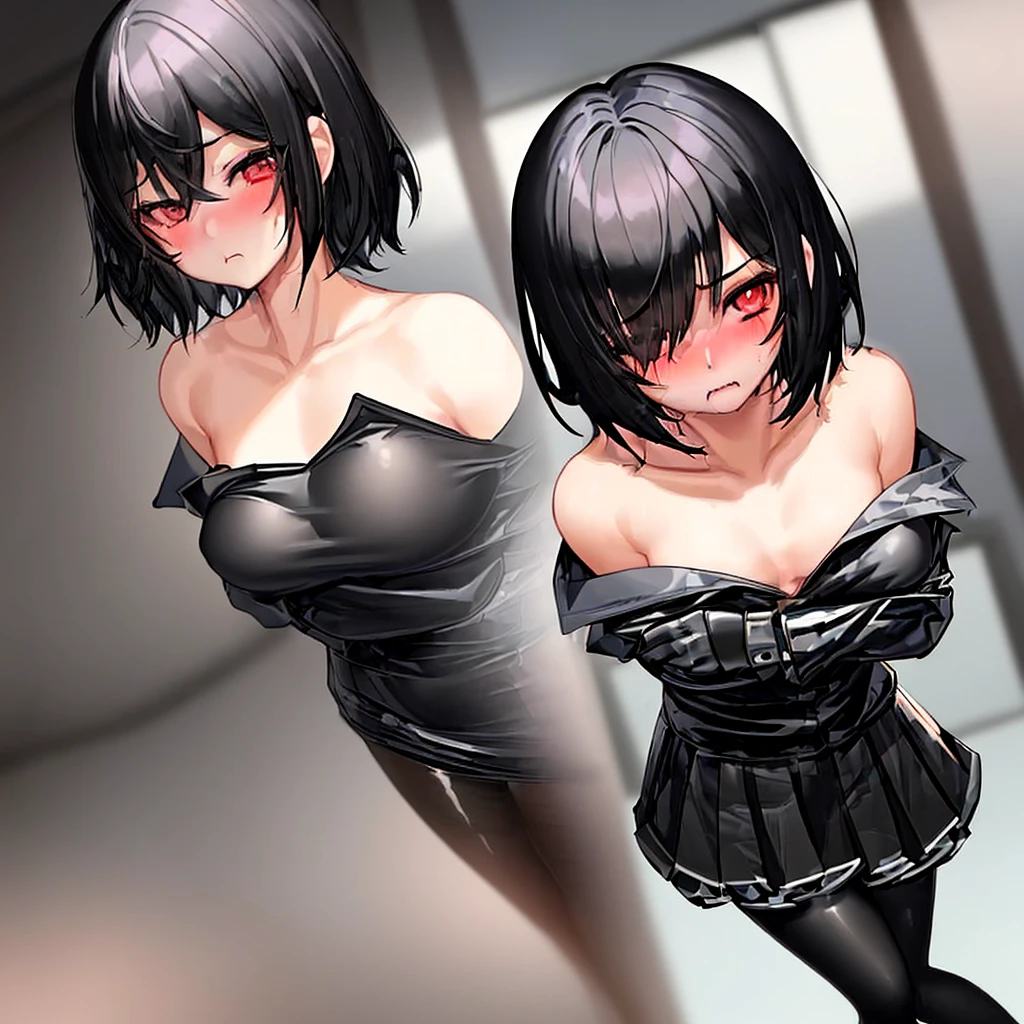 masterpiece, best quality, 4 Korean girls close to one another, deep blush, grin, black dog collar with a hart shape, black bra, black panties, looking at viewer, bedroom background