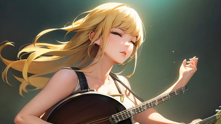 blonde cowboy girl playing banjo. Eyes closed
