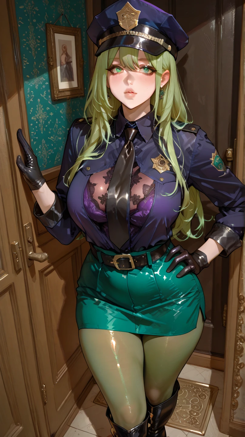 A 23 year old woman, Very long and messy orange hair, emerald green eyes, round glasses, seductive look, big tits, huge butt, Semen, latex jacket, worn bra, micro skirt, whore thong, being a prostitute, women throwing money at him, lesbians, seductive dance