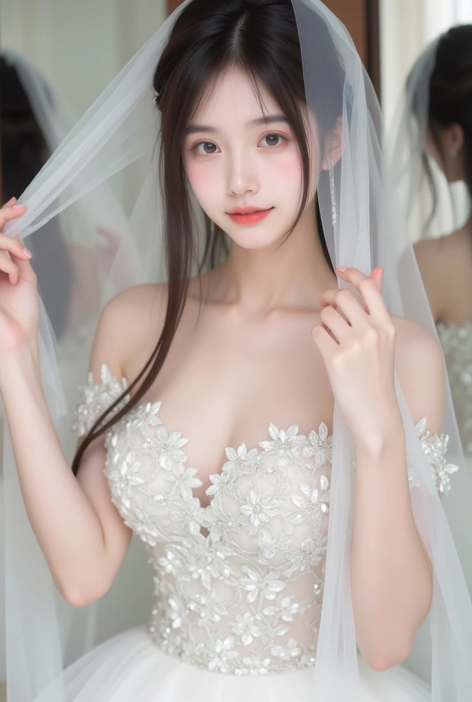 ulzzang -6500-v1.1, (Raw photo:1.2), (Photorealistic:1.4), Beautiful detailed girl, Very detailed eyes and face, Beautiful detailed eyes, super detailed, High resolution, Very detailed, Best Quality, masutepiece, ((Princess)), (tiarra), (((Sexy transparent gown))), ((Intricate details)), (((ultra transparent clothings))), (((ultra clear clothings))), (((see through))), (((Sheer clothing))), Slim body, Beautiful detailed whole body, ((cleavage)), (((Naked)))