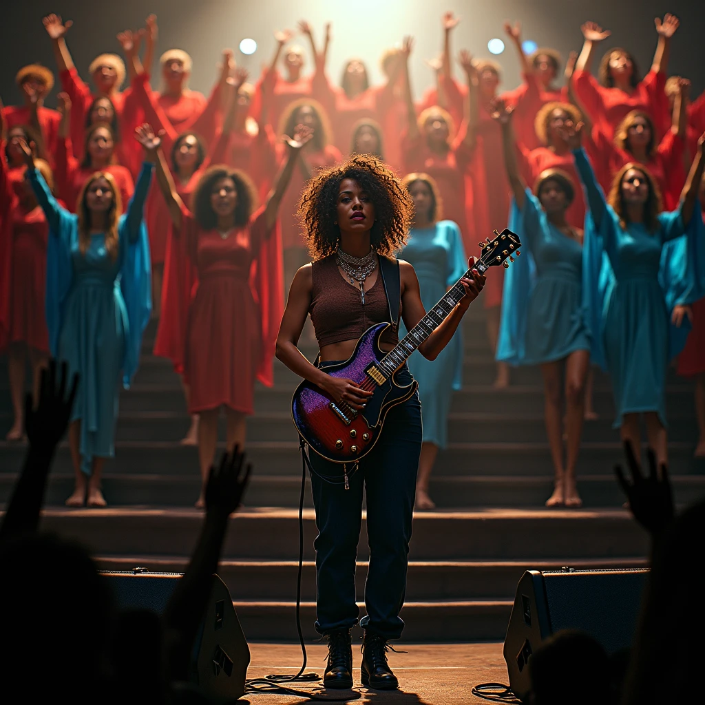 orange haired colossal breasted dark tanned dancing and singing woman with dark and mysterious background and an ice blue guitar and naked with very long golden necklace and a belt.