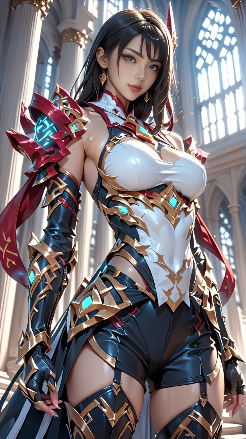 (Best quality,4K,8K,A high resolution,Masterpiece:1.2), Ultra-detailed, (Realistic,Photorealistic,photo-realistic:1.37), (hdr,hyper HD), (Studio lighting), (Physically-based rendering), (Extreme detail description), (professional), (Vivid colors), (Bokeh), sportrait, red armor, Armour,Demon God Altar Fighter Armor,beautiful dark haired woman, Bare shoulders and abdomen, , Perfect breasts, exquisite body, thigh gap, Thighs, Breasts, latex, latex jumpsuit, Full body portrait, Stunning beauty, Dynamic pose, Delicate face, Lively eyes, Slender waist, Seductive look, Wet body:1.5, defined abs:1.2, (full of sweat:1.2), (Wet), Sexy, Blushing, all body got sweat through.