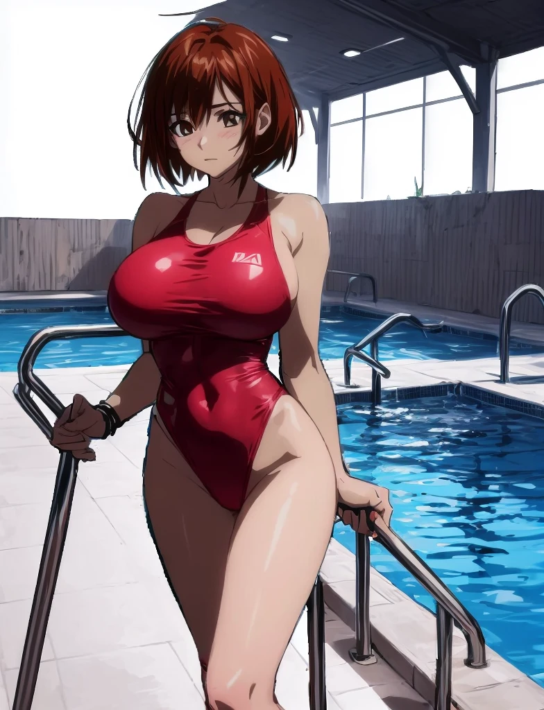 A beautiful woman with big breasts and beautiful legs with a hairstyle similar to a bob cut is standing by the school pool in a red competitive swimsuit with her legs spread wide.。