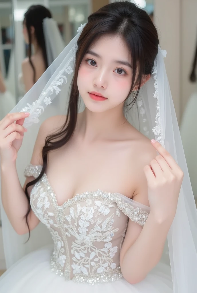 Young girl in wedding dress and updo, Off-shoulder neckline, and a long veil. her face is young and innocent, Looks like a . She looks at the camera with a playful expression. Detailed artwork with vivid illustrations, Realistic colors, Capture every detail. The medium of digital painting, Guaranteed best quality and high resolution (4K or 8K). soft and romantic lighting, creating a dream-like atmosphere. The overall color is warm and gentle................, Highlight the joy and beauty of your wedding scene.frontage、full body Esbian、A smile