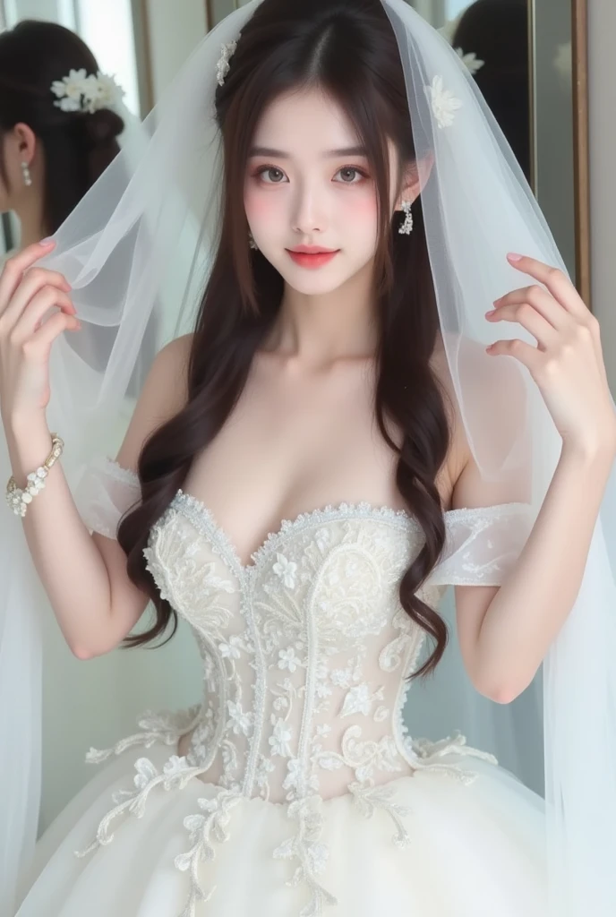 1 girl, smile, shiny skin, delicate face, best quality, masterpiece, (realistic: 1.4), wedding dress, random hairstyle, perfect figure, big breasts, princess