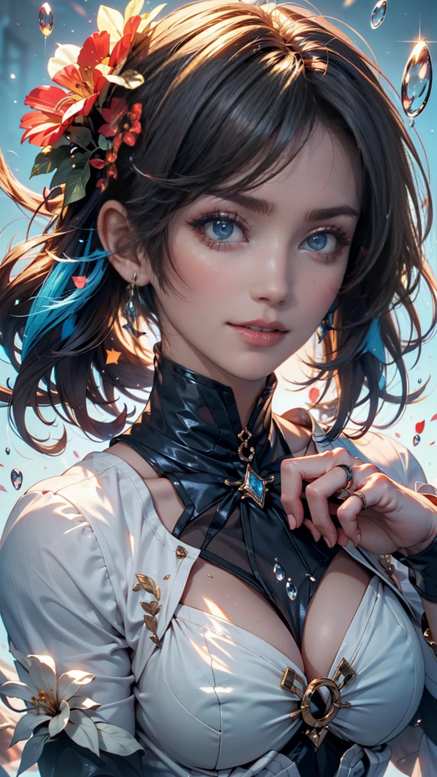 (masterpiece), (top quality), (SUPER DETAILS), (disheveled hair), (illustrations), (one girl), (fashionable clothes), is standing, fashion model with split ends due to pubic hair,  beholder, (interview), (simple background),  beautiful eyes , delicate and beautiful face, floating, ( high chroma), (colorful splatters),  Colorful Bubbles , (Shine), focus on your face, ponytail, light blue hair, bungs, hair ring, floating Flowers, floating Hairs, (Shine), best lighting, Best Shadow、jump