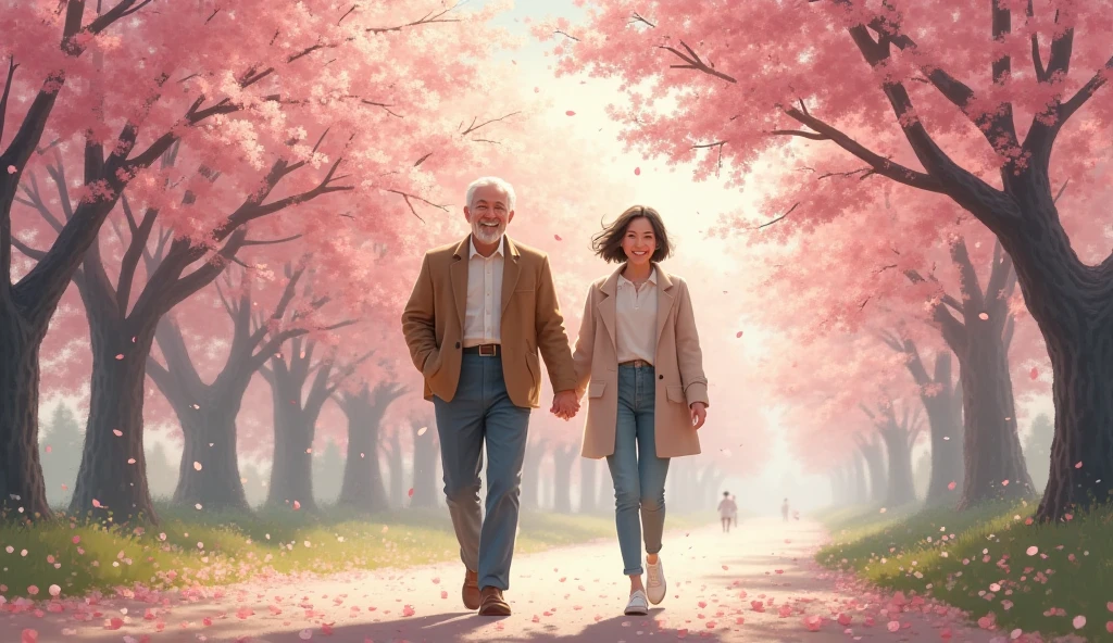 　A middle-aged couple walking under a cherry tree in full bloom、backwards