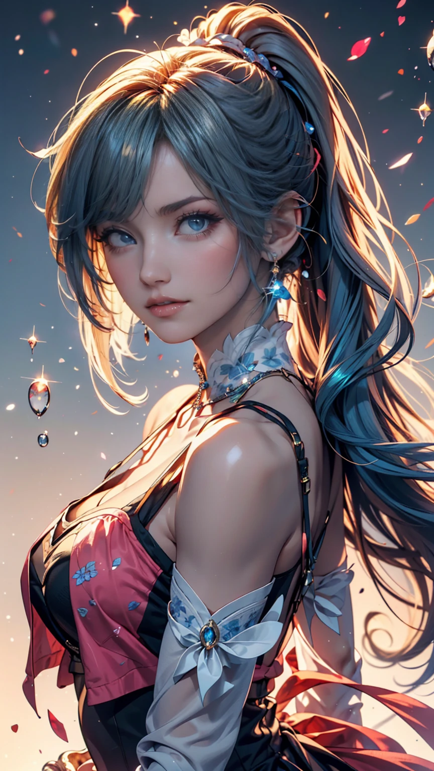 (masterpiece), (top quality), (SUPER DETAILS), (disheveled hair), (illustrations), (one girl), (fashionable clothes), is standing, fashion model with split ends due to pubic hair,  beholder, (interview), (simple background),  beautiful eyes , delicate and beautiful face, floating, ( high chroma), (colorful splatters),  Colorful Bubbles , (Shine), focus on your face, ponytail, light blue hair, bungs, hair ring, floating Flowers, floating Hairs, (Shine), best lighting, Best Shadow、jump