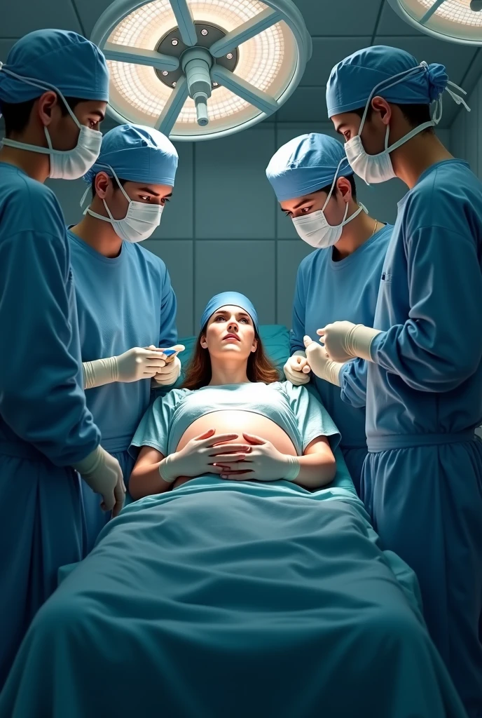 (give a score of 9_give a score of 8_give a score of 7)
Masterpiece, highest quality, best quality, view from top down, 
in one hospital, 1 pregnant woman,approximately 38 years old, 9 months pregnant, surgical cap, the face looked pained, frown, close your eyes, lying on the operating table, lie on your back, Lying with arms spread out, spread your arms, on the operating bed, in the operating room, a blanket covered her large breasts, another blanket covered her long slender legs, close the chest, close the legs, open belly, show all your belly, Her pregnant belly was visible,The picture explains the situation while waiting to give birth,