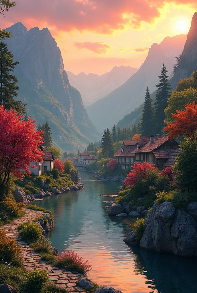 a small village by the river, mountains in the background, floral flowers colorful, detailed landscape, Beautiful natural landscapes, atmospheric lighting, scorching sunset, warm colours, practical, photopractical, Detailed Foliage, complex buildings, cobblestone street, Charming country house, swirly vibrant colors, lush vegetation, Still water reflections, Picturesque, idyllic, work of art, best qualityer, 8k, extremely detaild,anime styling