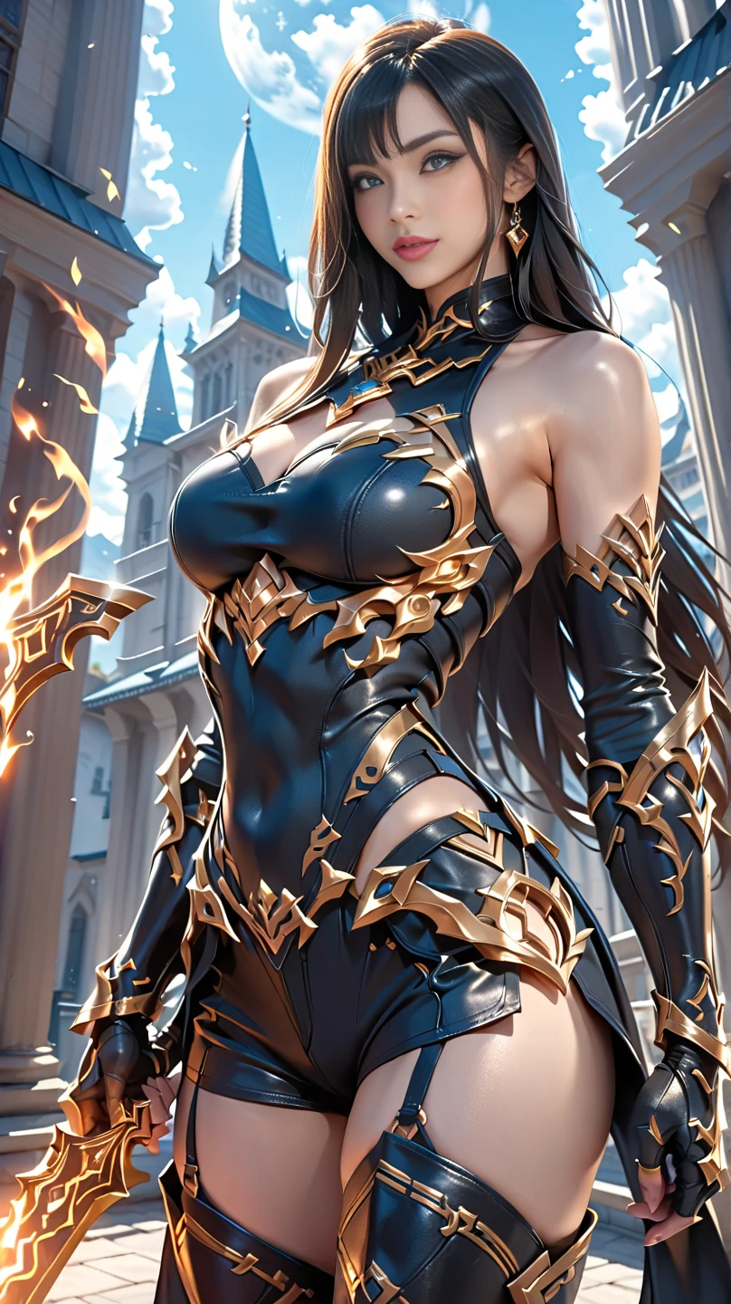 (((masterpiece, best quality, 16k)))A breathtaking artwork of a female character of unimaginable beauty, set in a dark and opulent environment. The full-body view reveals an impressive figure, exuding an aura of power and mystery. She wears black and gold unique armor, radiating a luxurious darkness. Her armor is detailed and characteristic, with intricate golden designs that shimmer in the dim light. Ornate shoulder pads protect her shoulders, and the armor perfectly molds to her body, accentuating her formidable presence. Her long black hair flows like a river of darkness, contrasting with her mesmerizing scarlet eyes. Her beauty is almost supernatural, a perfect blend of grace and menace. She wields a cursed blade that seems to pulse with malevolent energy, enhancing her aura of danger. The setting around her is a gothic and luxurious environment, with dark arches and stained glass windows that filter a supernatural light. In the background, candles flicker, casting dancing shadows on the intricately carved stone walls. It is a place that blends elegance and terror, perfectly reflecting the essence of the character.