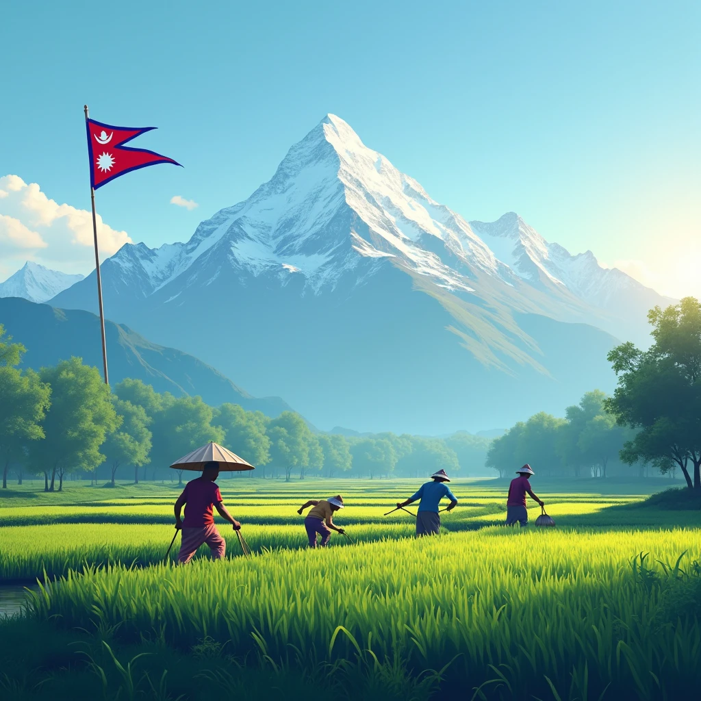 paddy field farmers working on it and mt everest on the background with waving Nepal's flag