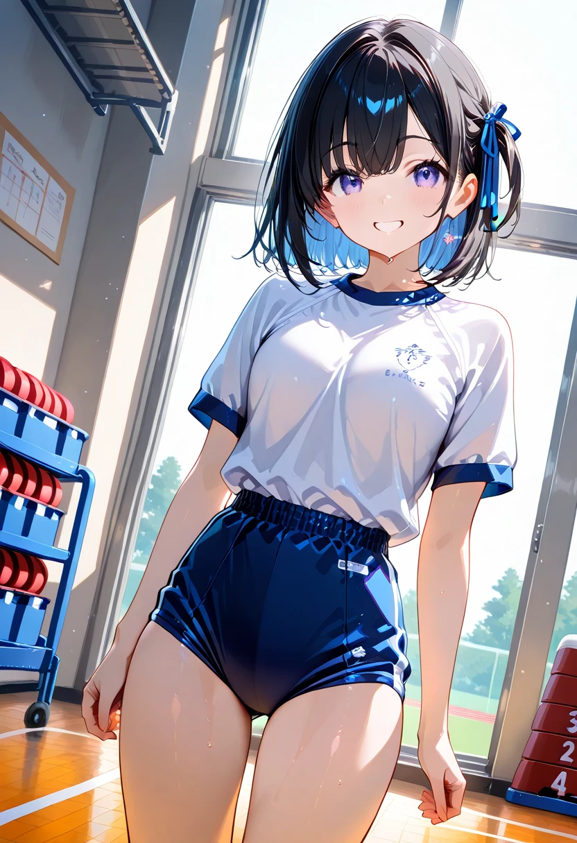 Only one woman、Yellow bloomers、Short sleeve　White gym clothes、Yuri　hair ornaments、Beautiful feet、Big Breasts、blue瞳、Silver Hair、Navy Blue　socks、smile、Thighs　Tattoo、School building　Ground　Sunset、Are standing　Wiggle your hips、Sneakers　blue