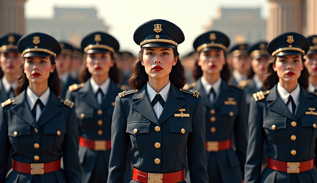  A large number of military women walking in ceremonial uniforms