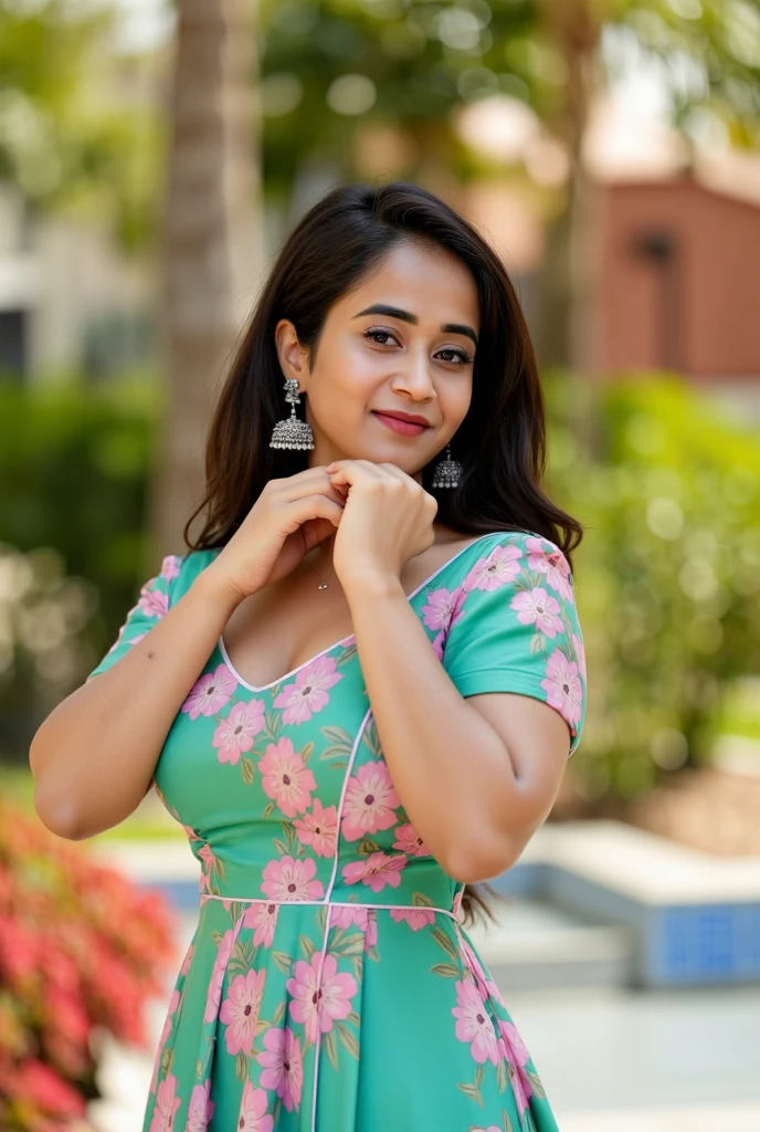 monali thakur Indian beautiful actress curvy plus size hour glass bulky figure woman, closeup camera view, wearing SHEIN CURVE+ Plus Size Vintage Vacation Leisure Floral Batwing Sleeve Shirt, different style hairstyle, bright eyes, thin eyebrows, fair skin, blushing cheeks, prefect head to toe view, full body view, City Rooftop Garden: A rooftop garden oasis in the heart of the city with plants, seating, and skyline views. smile face, black hair, Indian face, perfect skin tone light, ultra realistic skin texture