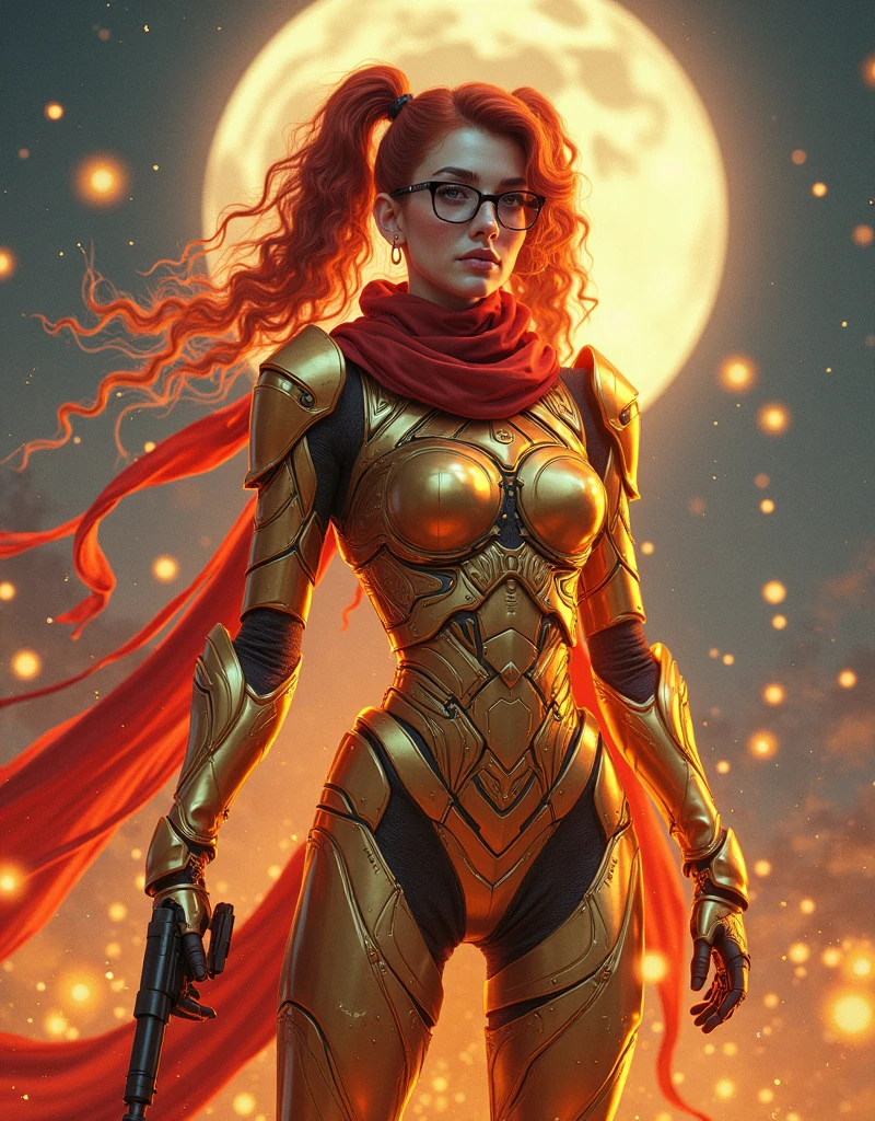 (photorealism:1.2), 1 girl, beautiful, ???????????, gold metallic exoskeleton full body armor, shooting pistol, long red scarf, full moon with fire background, long red curly hair, eye glass, fiery aura, night time, fiery orb
