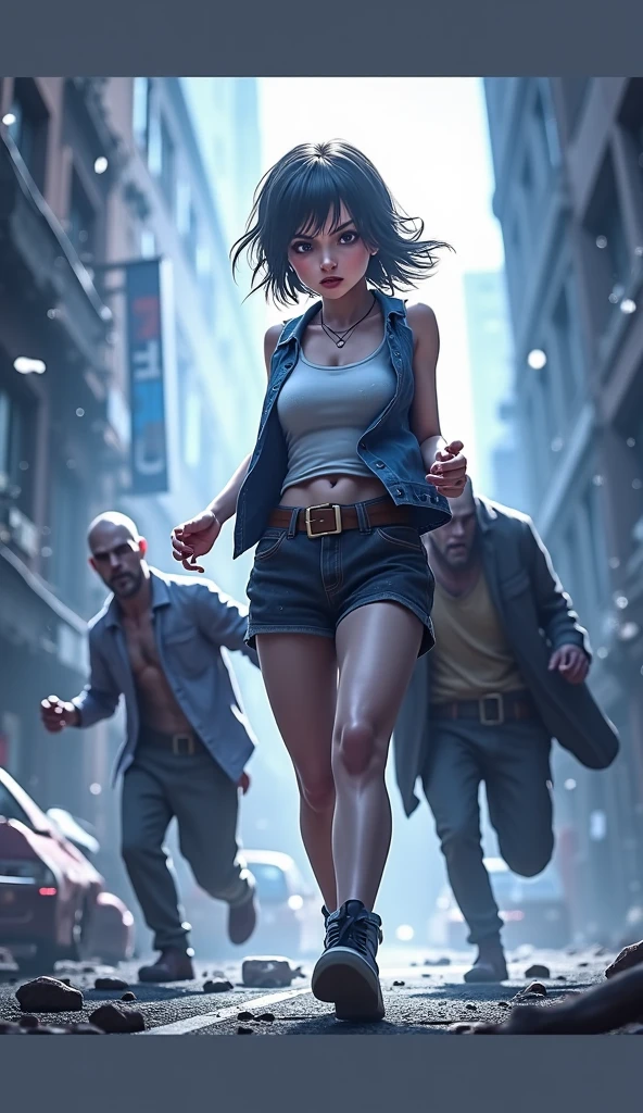 A wavy black short hair woman wearing singlets and trousers is running disore the day while being chased by aombie