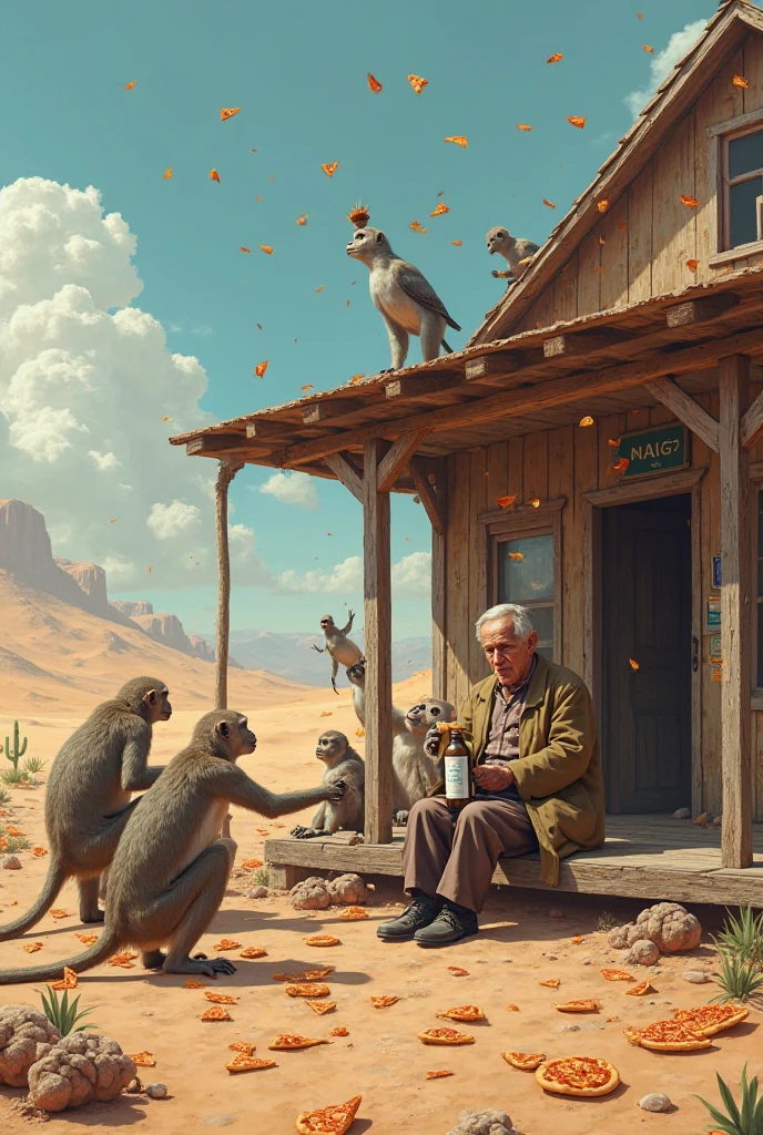 There is a desert, a wooden house, a lot of pizza, monkeys and pigeons, old people give medicine to the old man in a bottle, which cures his stomach ache.