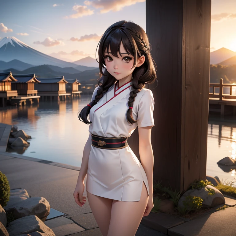 Japanese ager, pretty face, young face, thin chin, bangs, braids, long brown hair, pale skin, very slim, skinny body, straight breasts, flat breasts, small breasts, thin legs, short legs, skinny thighs, wearing a tiny A-line dress, walking, Sunset, Mount Fuji in the background, artwork, detailed setting, cozy setting, pokies, camel toe, cinematic lighting, masterpiece, highly detailed, high definition, detailed scenery, hyperrealistic anime, full body, 135mm lens