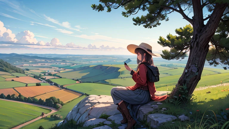 Old american countryside, a cowboy girl at the left of the picture sitting on a rock in the distance looking at the horizon
