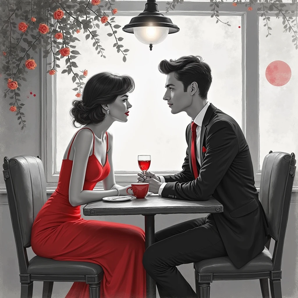 A nostalgic black and white digital sketch of a couple in a vintage café. The woman wears a red dress, and the man is in a classic suit. They sit across from each other at a small table, sharing a quiet moment. The café’s retro décor and the soft glow of the hanging lights add to the nostalgic atmosphere. Their facial expressions reflect a deep connection, and the soft shading emphasizes the romance of the moment.

