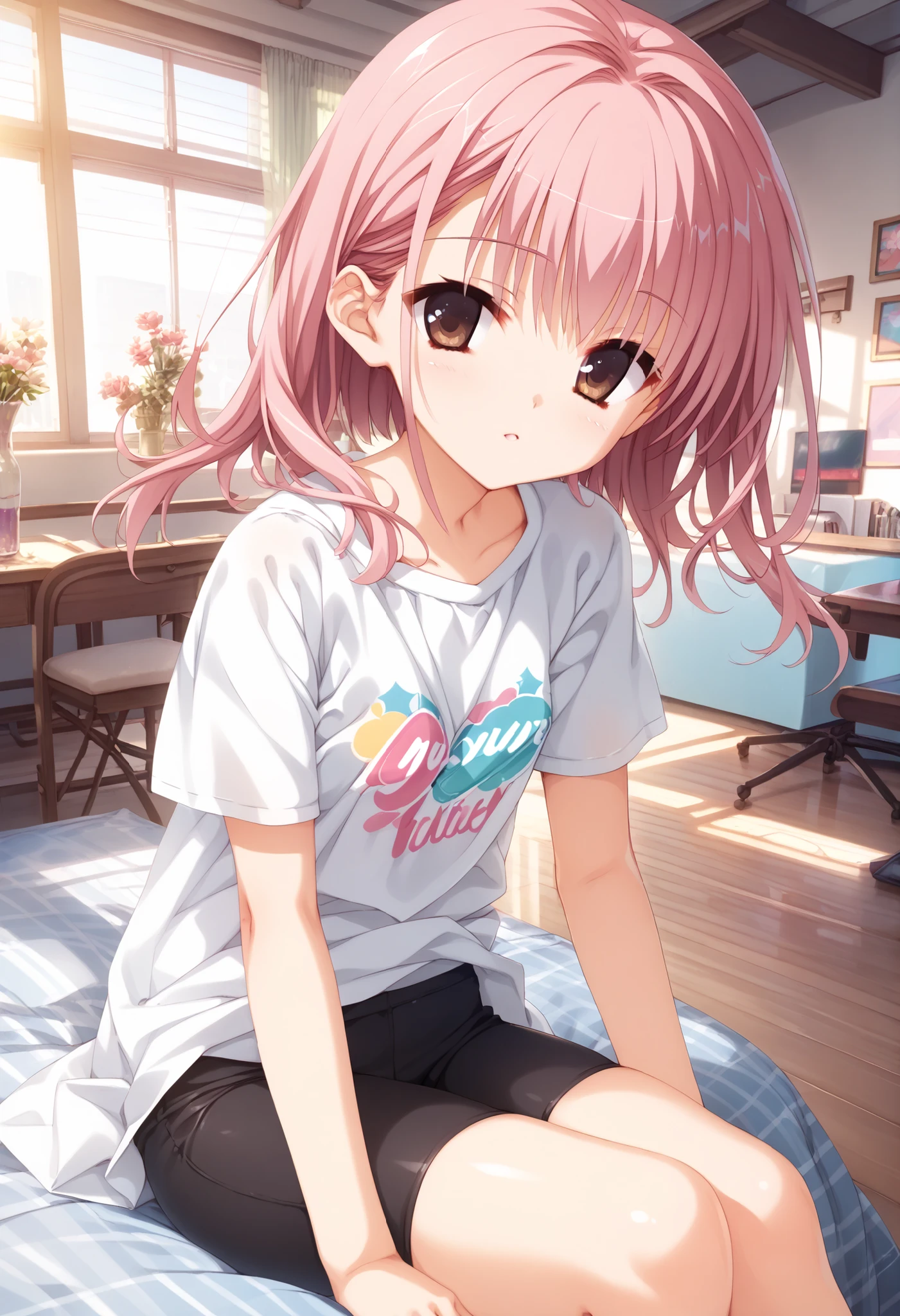 game cg, cg collection, score_9, score_8_superior, score_7_superior, masterpiece, best quality, absurdres, high_fidelity, vibrant, sauce_anime, super detailed, Adorable, 1girl, Yuzu Soft, sitting, pink hair, brown eyes, white shirt, bike shorts, looking at viewer, indoors, room,