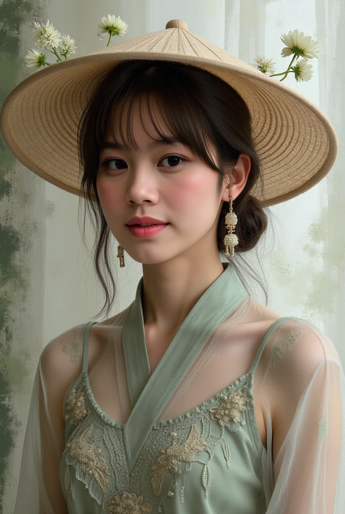 A beautiful woman, nippa hat ,  beautiful outfit ,very pretty ,  magical, amazing, micro