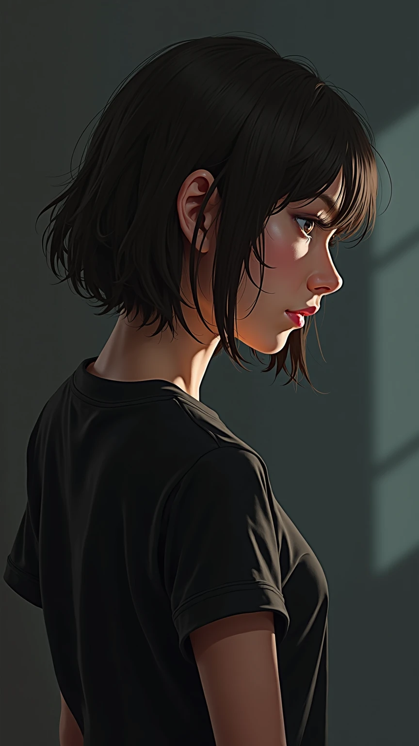 zzCitronLegacy、score_core_core_core_core_core_4、 girl、 black t-shirt 、upper body、indoor、Sharp Lines、Advanced Sketch Art、glow、Highly Detailed Realistic Oil Paintings、Realistic 4K、High-end Photography、natural light、Art Style、dark tones、 Focus Lighting